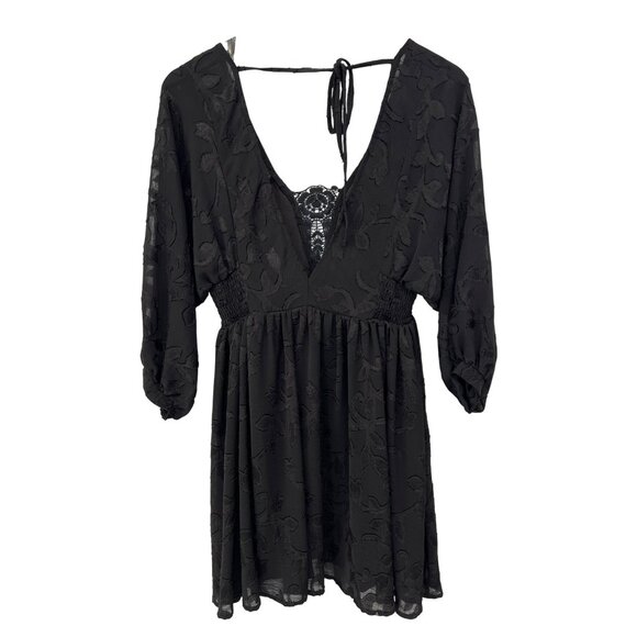 Millibon Lace Mini Dress Size Small 3/4 Sleeve V Neck Black Boho Fairygoth NEW - Picture 1 of 7